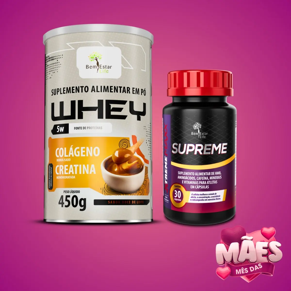 OFERTA MES DAS MAES - NA COMPRA DO WHEY PROTEIN SABOR DOCE DE LEITE 450 GR. + BRINDE SUPREME XTREME MAXX DE 30 CAPSULAS