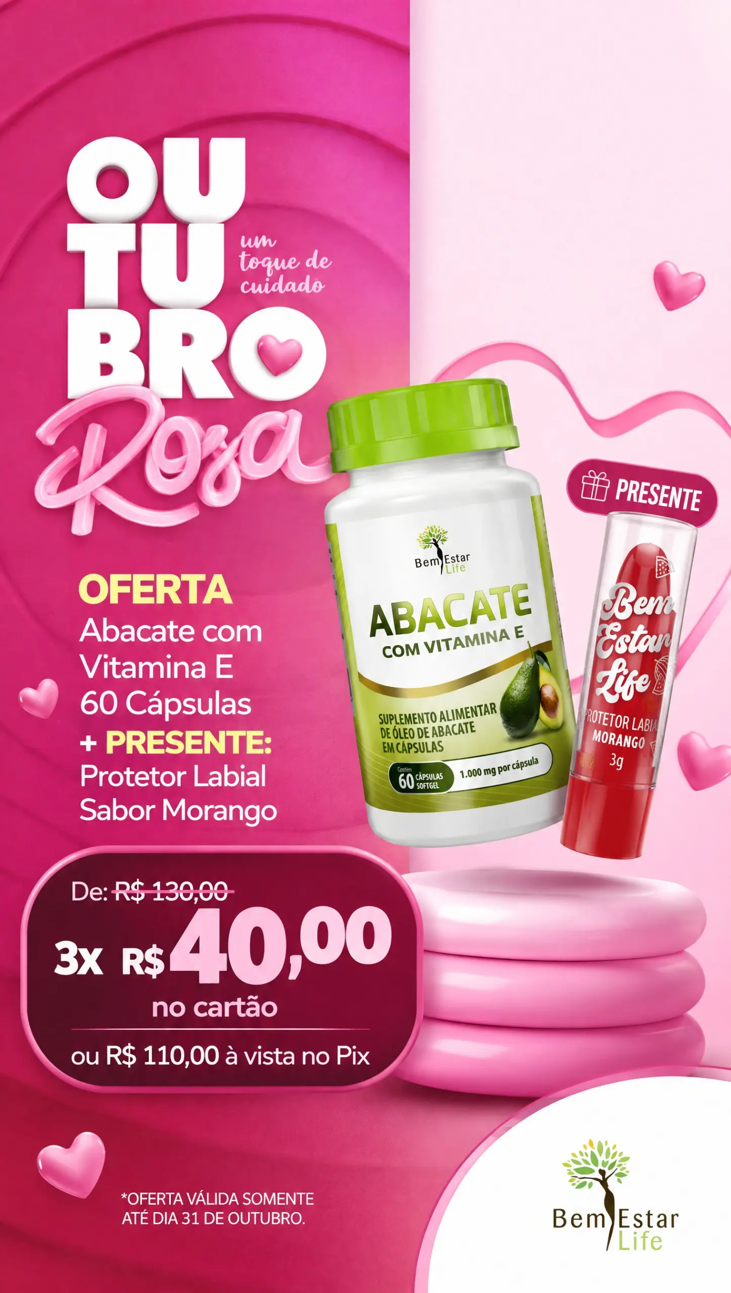 010 ABACATE COM VITAMINA E - 60 CAPSULAS / PRESENTE PROTETOR LABIAL - SABOR MORANGO