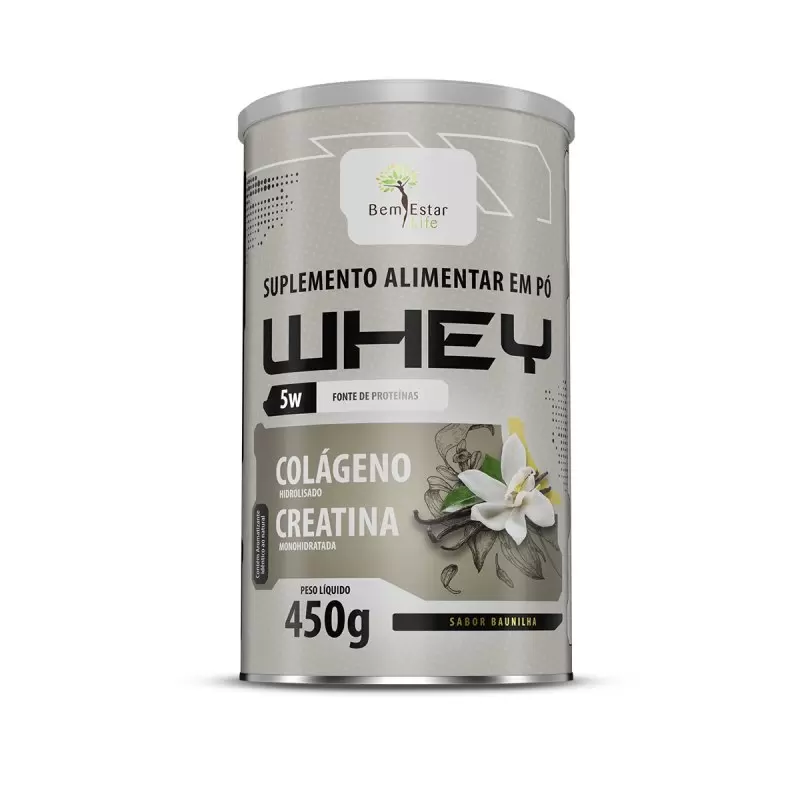 WHEY 5W 450G. Com Colágeno + Creatina, Sabor Baunilha