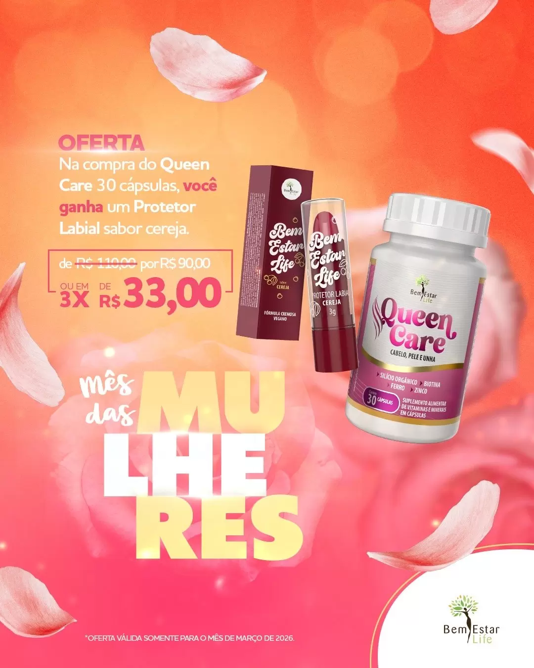  Descrição MES DA MULHER - NA COMPRA DE QUEEN CARE - BRINDE PROTETOR LABIAL SABOR CEREJA
