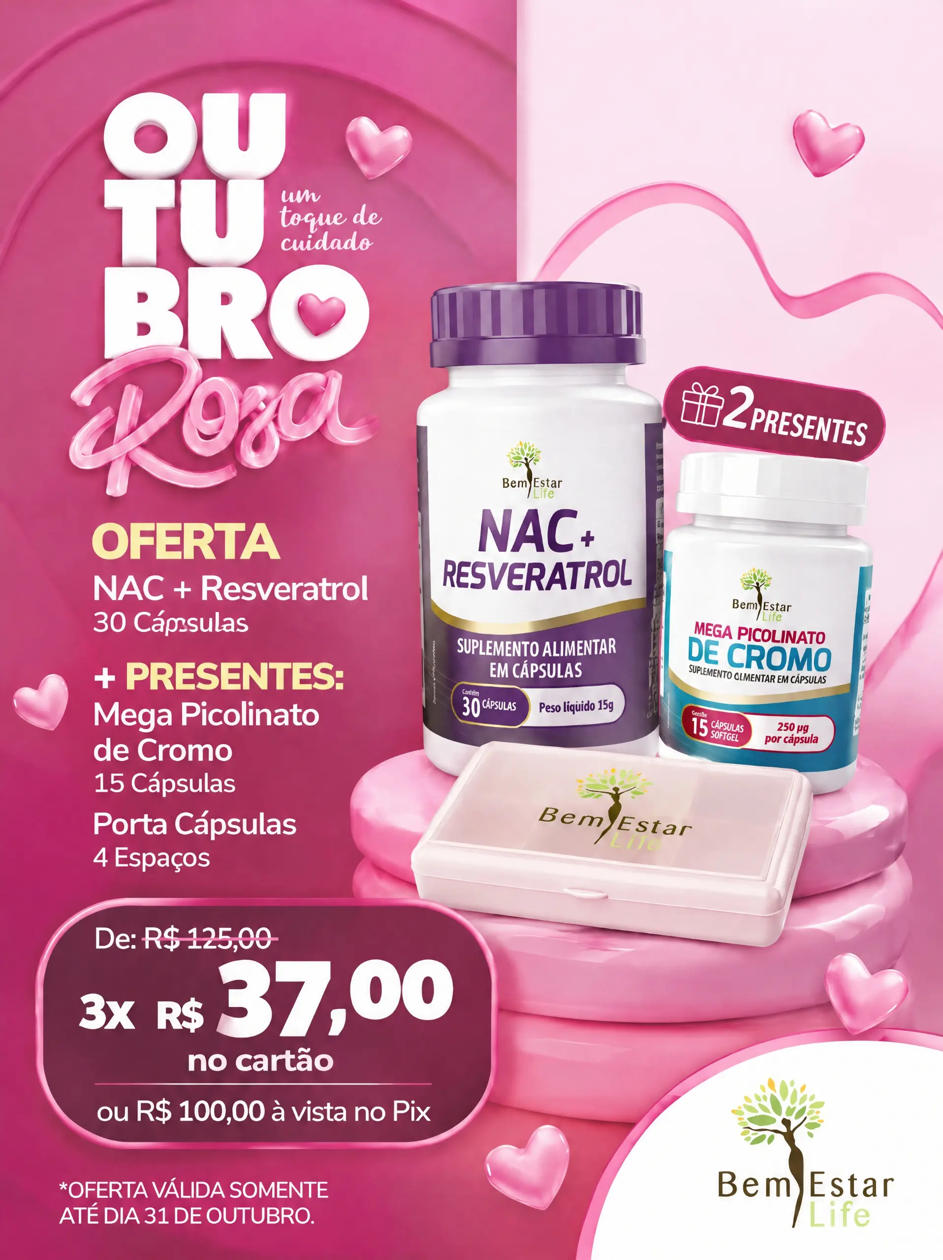 010 NAC + RESVERATROL 30 CAPSULAS / PRESENTE MEGA PICOLINATO DE CROMO - 15 CAPS. / PRESENTE PORTA CAPSULAS, 4 ESPAÇOS